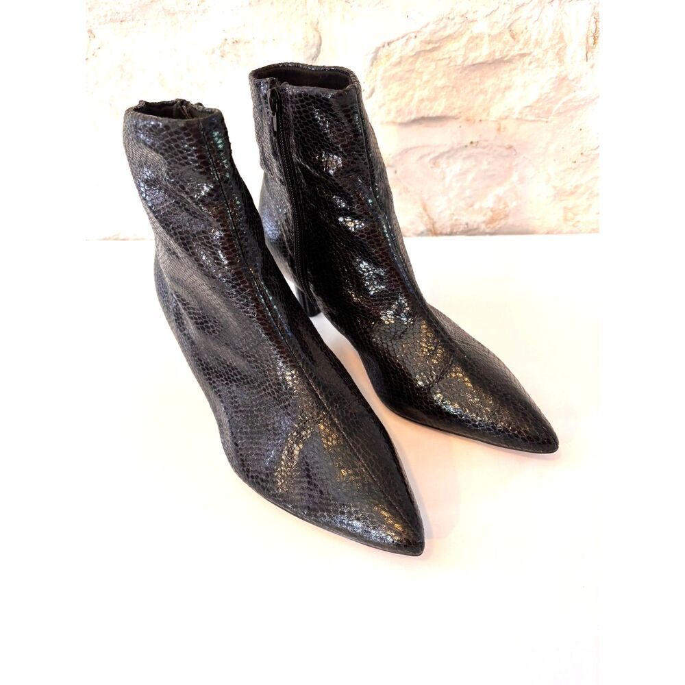 Black Snakeskin Embossed Pointed Toe Booties Unique Heel Indie Sleaze Witchy UK6